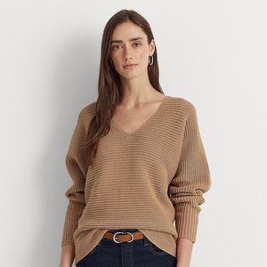 Lauren Ralph Lauren | Camel Colored  Combed Cotton Oversized V-Neck Sweater